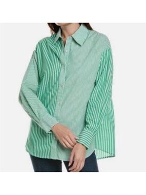 Cabi Dad Shirt  Green White Mixed Stripe Tunic Length Relaxed Large New